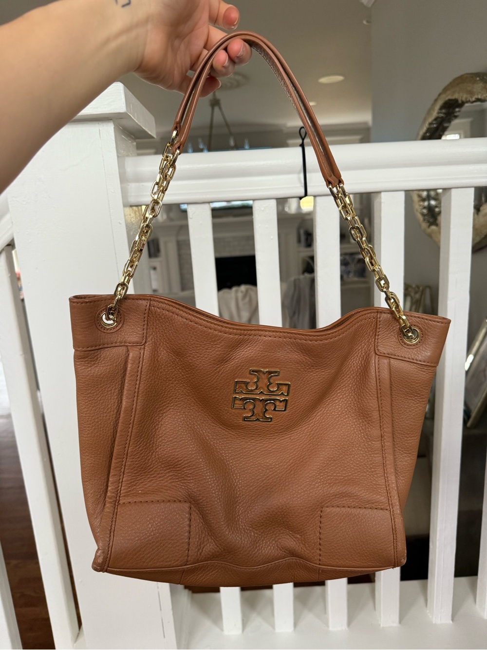 Tory Burch Cognac Pebbled Leather Shoulder Bag with Gold Hardware